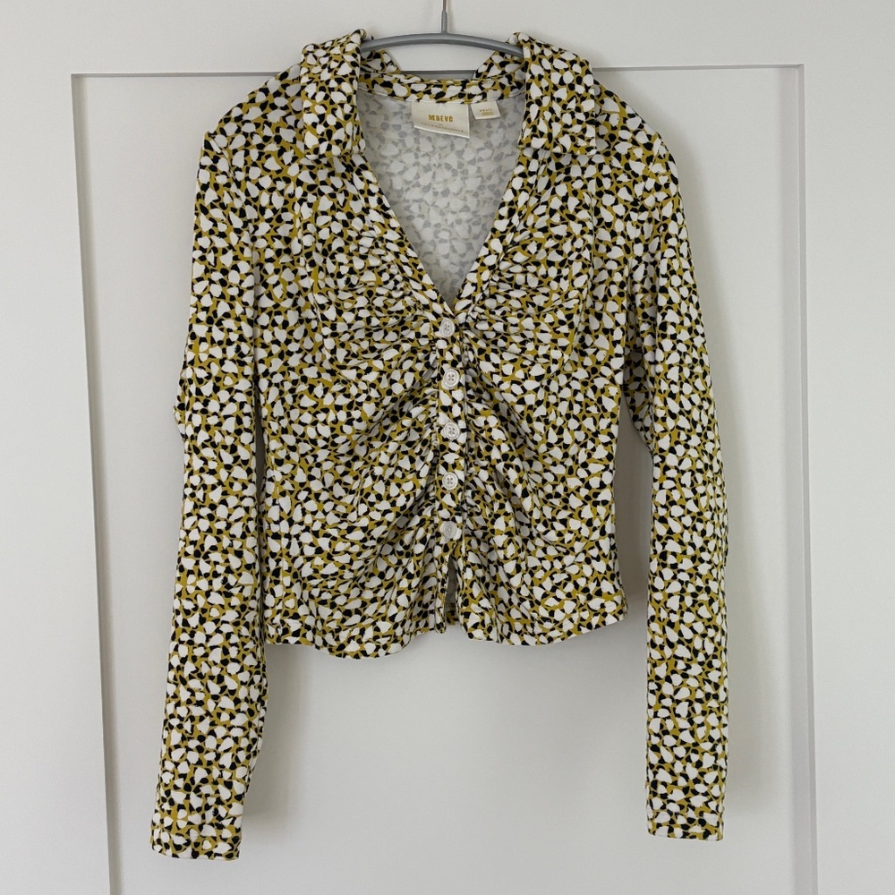 ANTHROPOLOGIE MAEVE Long Sleeve Yellow, White and Black  Cotton Top Small